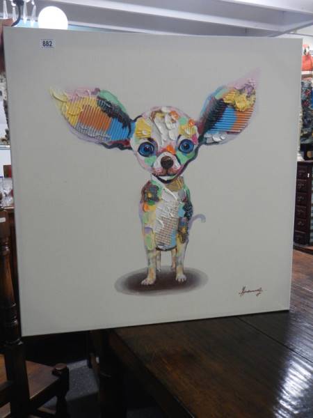 Dog Art:- A painting on canvas Pop Art of a Chihuahua, signed but indistinct, COLLECT ONLY. - Image 2 of 3