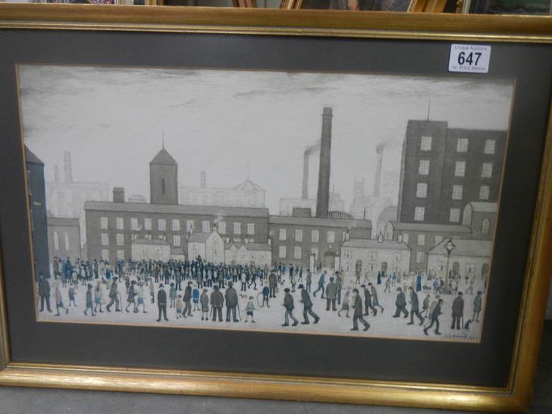 After L S Lowry circa 1970's print entitled 'Outside the Mill' with reflective glass. 62 x 42 cm.