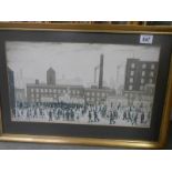 After L S Lowry circa 1970's print entitled 'Outside the Mill' with reflective glass. 62 x 42 cm.