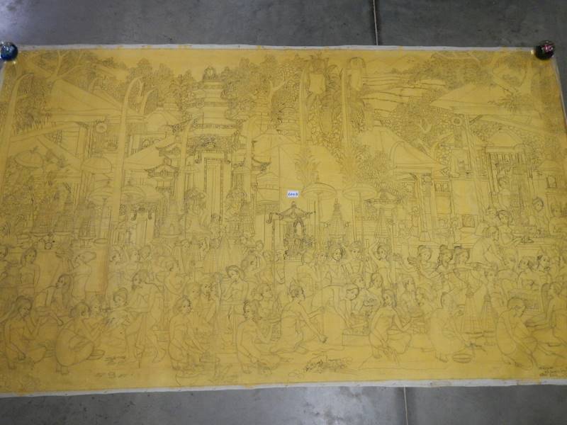 A large unframed drawing on canvas ready to be painted of men and women in a market square - Image 2 of 15