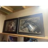 A pair of heavy well framed black & white pictures of horses - 80cm x 60cm