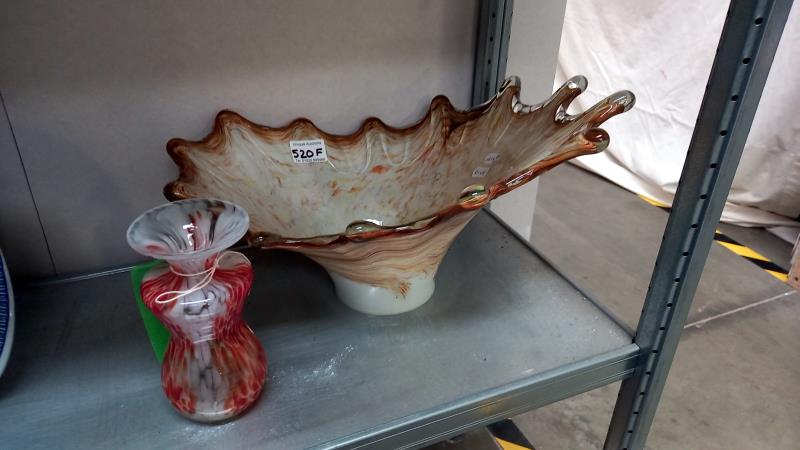 A 70's Mdina amber coloured art glass vase with splatter pattern & a large impressive crackle glazed