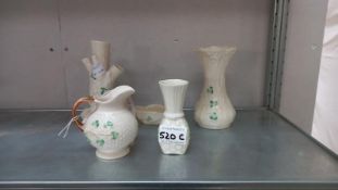 A collection of Irish Belleek porcelain, all marked with Belleek stamps (3 vases. 1 jug & a small