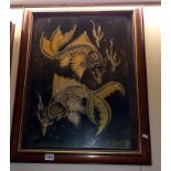 A plaque in frame with gold painted Koi carp signed JP Hubert?