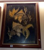 A plaque in frame with gold painted Koi carp signed JP Hubert?