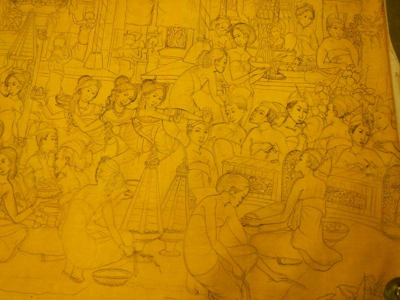 A large unframed drawing on canvas ready to be painted of men and women in a market square - Image 4 of 15