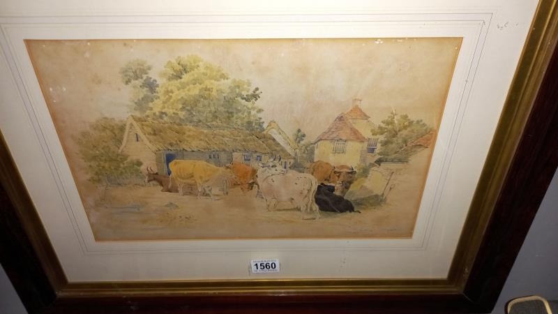 A f/g Victorian watercolour of cows in farm courtyard signed C.Adams 1856 - Image 2 of 2