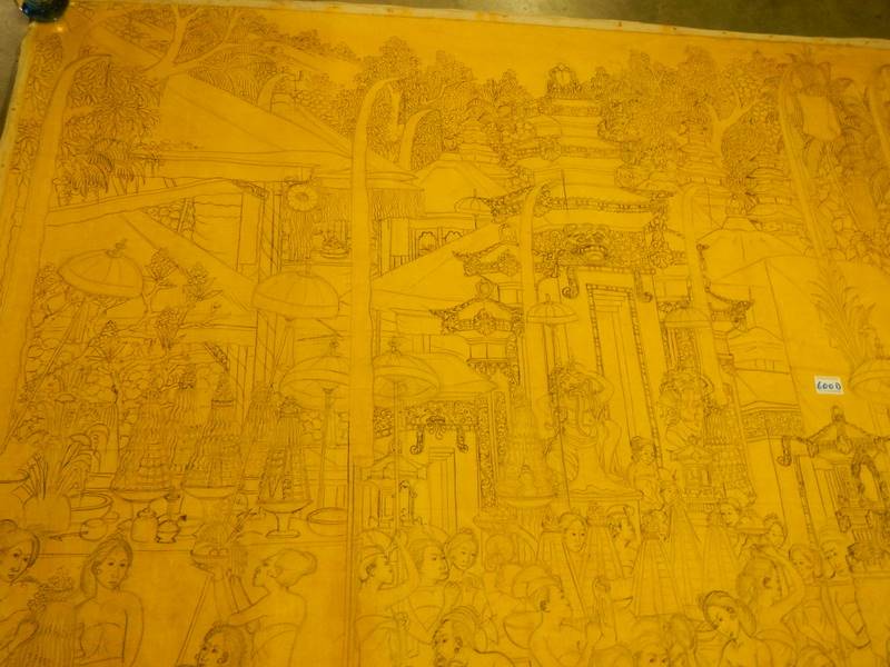 A large unframed drawing on canvas ready to be painted of men and women in a market square - Image 9 of 15