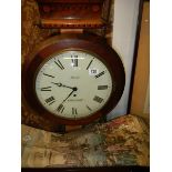 A Fusee Wall clock, 16.5" diameter mahogany case, dome glass, with key & pendelum, in working order
