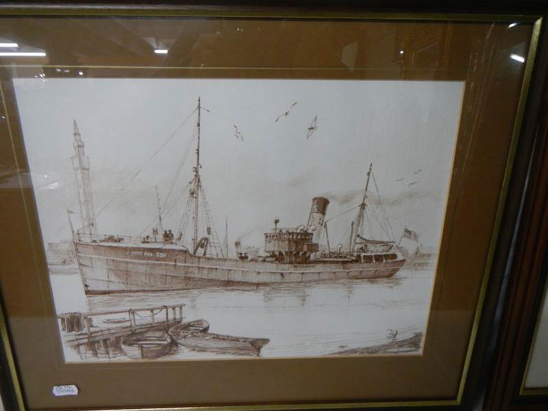 A set of 4 x pen & ink works in sepia tones with gouache highlights of late 19th Century Grimsby. - Image 4 of 6