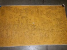 A large unframed drawing on canvas ready to be painted of men and women in a market square