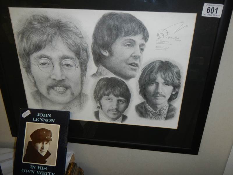 A print of The Beatles, 50 x 44 cm and a copy of 'John Lennon In His Own Write'