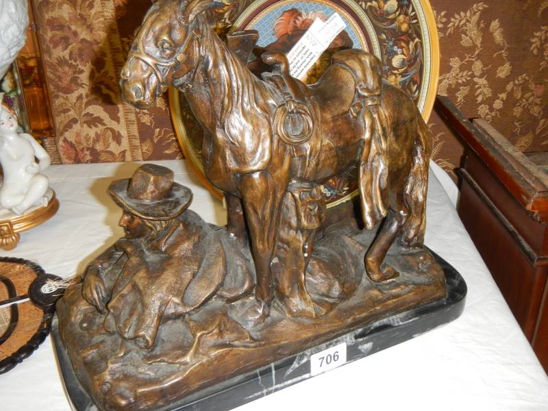 A heavy bronze figure of a horse with cowboy. - Image 2 of 2