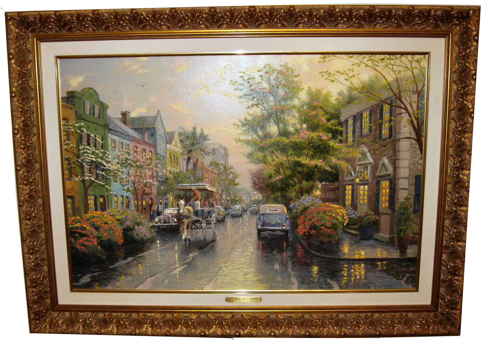 Thomas Kinkade Charleston, Sunset on Rainbow Row 3 / 100 S/P size 24” x 36” with drawing to reverse