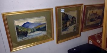 3 gilt framed, unsigned watercolours of North Wales dated 1934, 1936 & 1946 - 39cm x 32cm