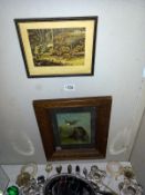 A 19th/20th century lithograph of Spaniel & Woodcock & a hunting scene coloured engraving print