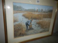 A fine watercolour by Jasmin Bowles (Norfolk artist) of a reed cutter at Howhil Ludham, Norfolk,