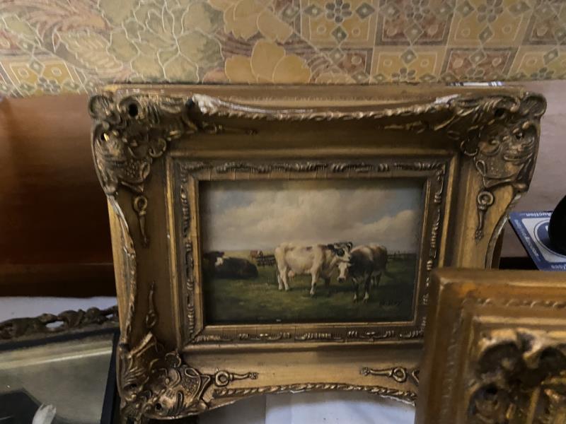 3 ormalu gilt framed pictures of Stags & cattle - 17cm x 12cm, frame - 25cm x 30cm - Image 4 of 4