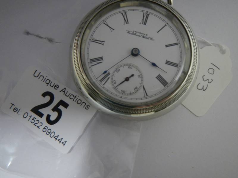 A large Waltham pocket watch, movement date 1906-1907, silvered case, screw on back and bezel, - Image 3 of 4