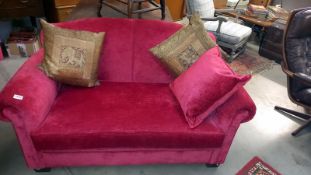 A deep red Draylon Chesterfield sofa with cushions COLLECT ONLY.