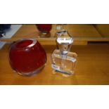 A large heavy bevel glass perfume/scent bottle, small chips to top, also dipstick missing, Height