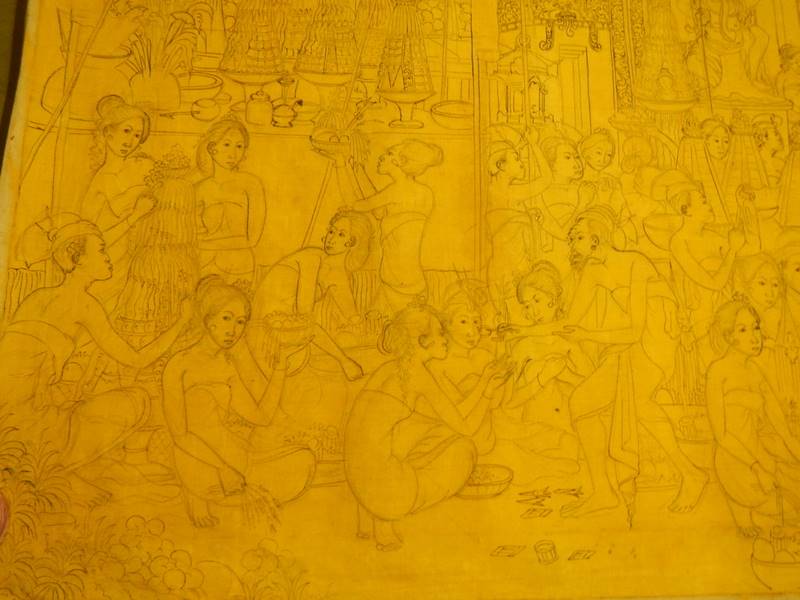 A large unframed drawing on canvas ready to be painted of men and women in a market square - Image 8 of 15