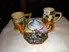 A teapot & 2 tankards including 1 musical