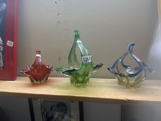 3 art glass baskets