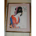 A 20th century Japanese print of a young lady holding a scroll, 48 x 61 cm.