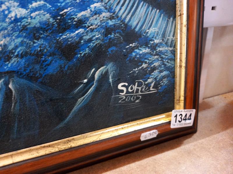 A large blue oriental style painting on board signed Sorel 2002 - Image 2 of 2