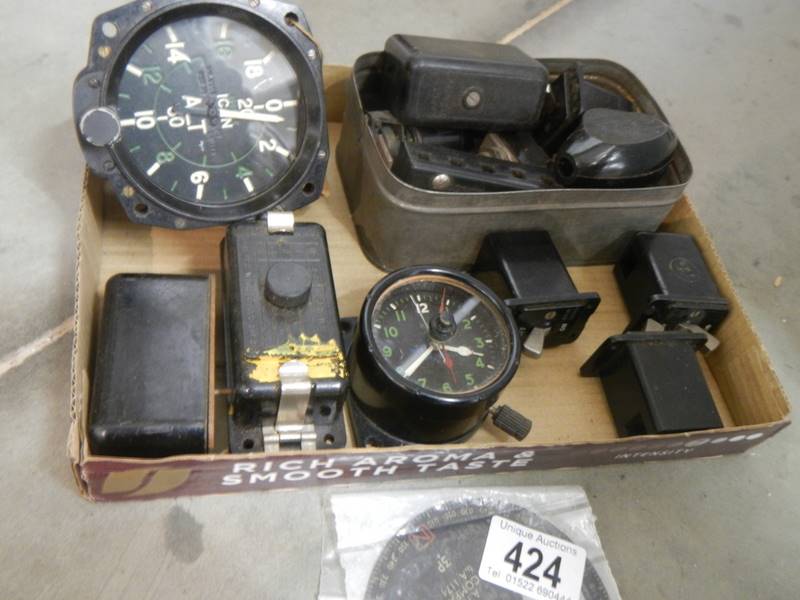 WW2 Air Ministry aircraft altimeter Mk 17A, No: 12593; plus aircraft control panel clock.