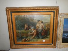 A framed and glazed Victorian picture of boys and girls beside a pond. Dated 1872. 84 x 73 cm.
