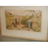 A framed and glazed signed watercolour featuring girls in a stream, 86 x74 cm.