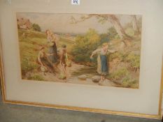 A framed and glazed signed watercolour featuring girls in a stream, 86 x74 cm.