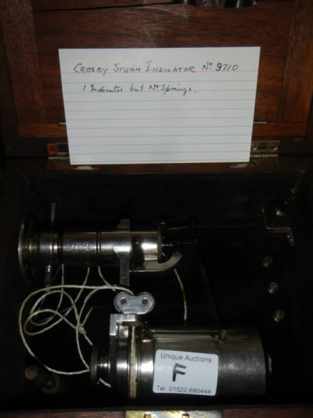 Crosby steam indicator Number 9710 with recording drum (no springs?) in fitted box.