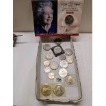 Five UK £5 coins together with various crowns, medallions and £2 coins.