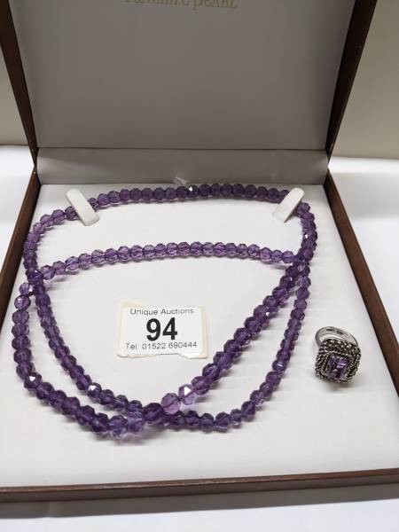 A long natural amethyst necklace and an amethyst ring circa 1970's in a heavy textured mount. - Image 2 of 3