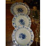 Three early blue and white plates, one a/f.