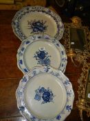 Three early blue and white plates, one a/f.