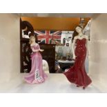 2 royal worcester figures lady in red and cancerian birth stone.