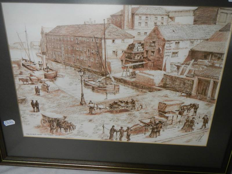 A set of 4 x pen & ink works in sepia tones with gouache highlights of late 19th Century Grimsby. - Image 2 of 6