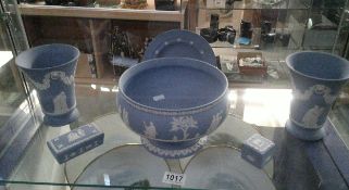 A large Wedgwood blue Jasper Ware footed fruit bowl, pair of vases, 2 trinket pots and a dish