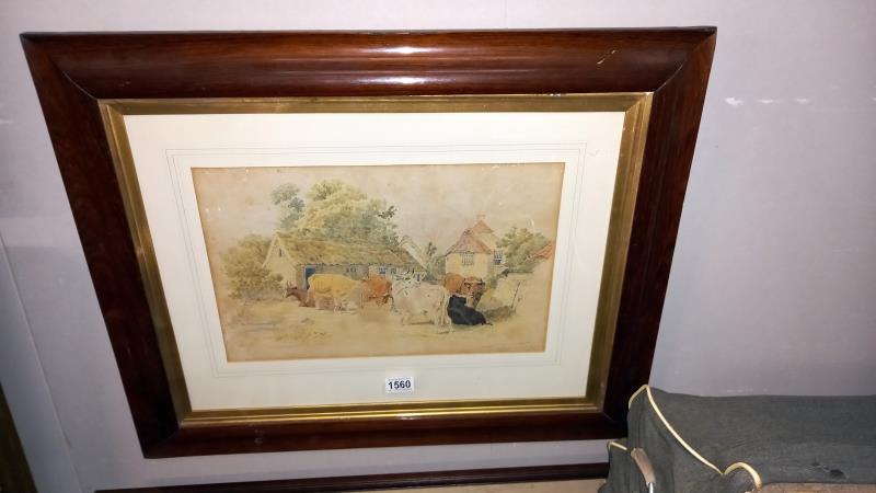 A f/g Victorian watercolour of cows in farm courtyard signed C.Adams 1856