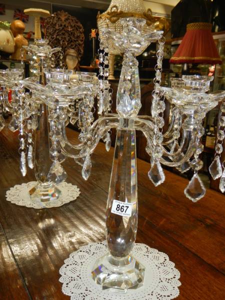 A matching pair of five branch glass candelabra, COLLECT ONLY. - Image 2 of 2