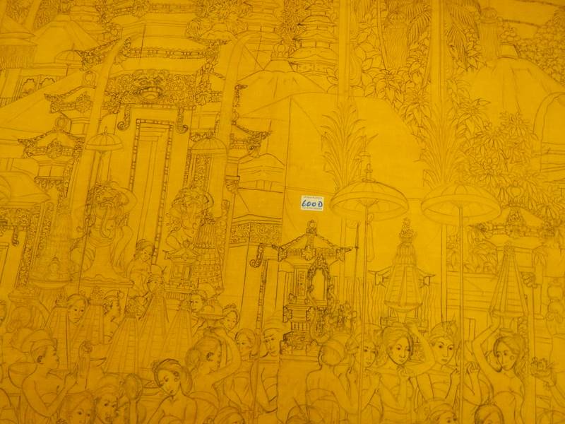 A large unframed drawing on canvas ready to be painted of men and women in a market square - Image 6 of 15
