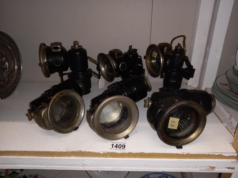 6 early 20th century motorcycle carbide lamps