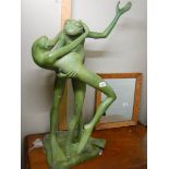 A large heavy verdigris bronze garden statue of frogs dancing. Height 104cm. COLLECT ONLY.