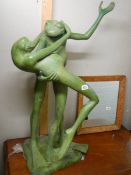 A large heavy verdigris bronze garden statue of frogs dancing. Height 104cm. COLLECT ONLY.