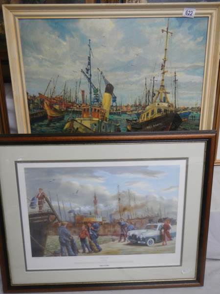 Oil on board painting depicting fishing boats in port, Grimsby (including the Ross Daring) signed