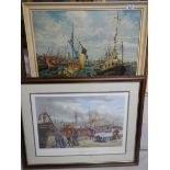 Oil on board painting depicting fishing boats in port, Grimsby (including the Ross Daring) signed